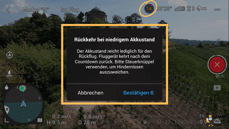 Die DJI Fly App schlägt die automatische Rückkehr zum Ausgangspunkt bei niedrigem Akkustand vor.